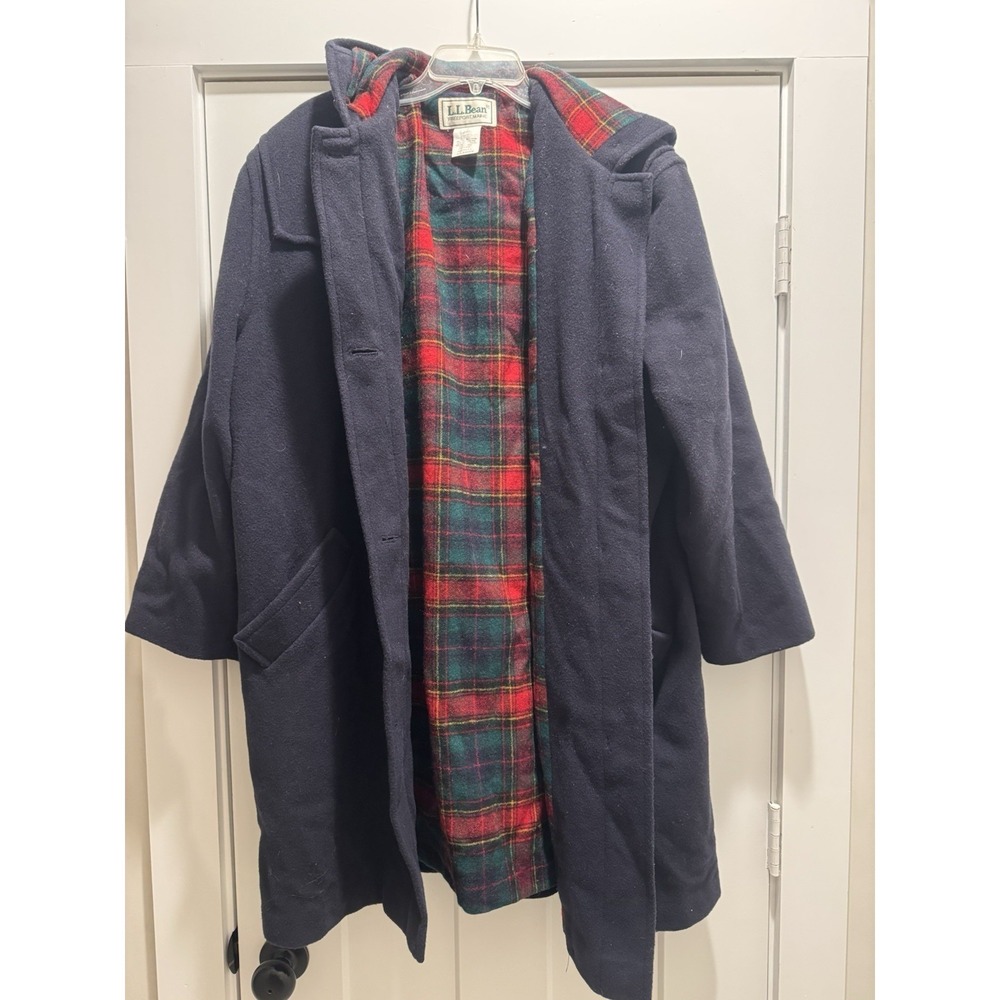 Vintage LL Bean Pea Coat Size 16 Navy Blue Wool Hooded Plaid Lining Made In USA - Picture 5 of 16